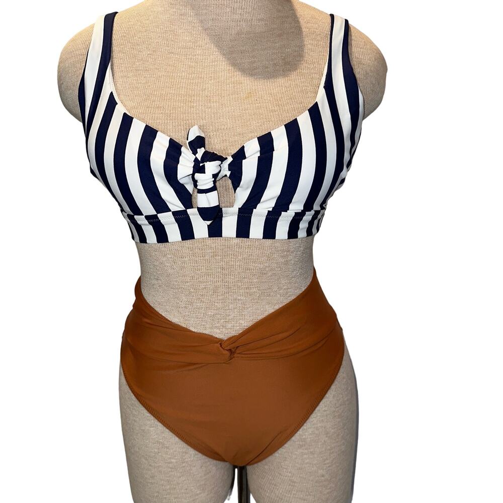 Aerie Navy White Stripe Scoop Bikini Top and Hight Cut Cheeky Bottoms Size M